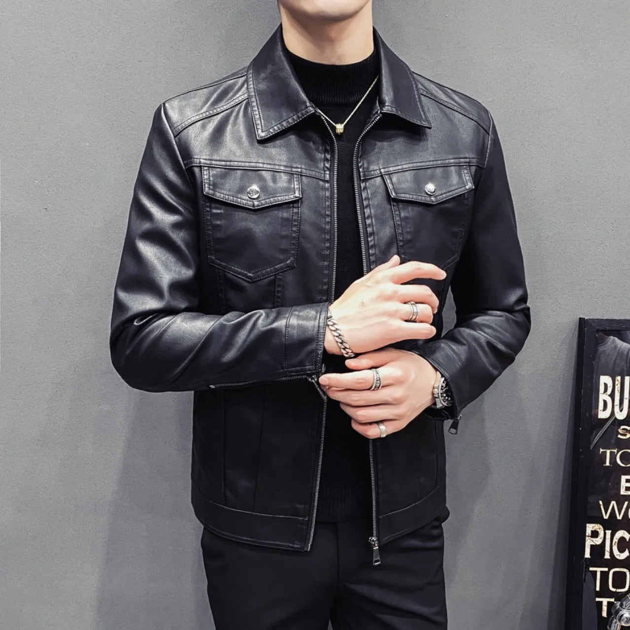 Men's PU leather quilted casual jacket, short length, side seam pockets, nylon lining, regular fit.