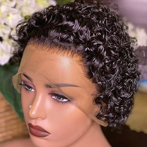 Black human hair pixie cut wig with a transparent 13x1 lace front, displayed on a wig stand.