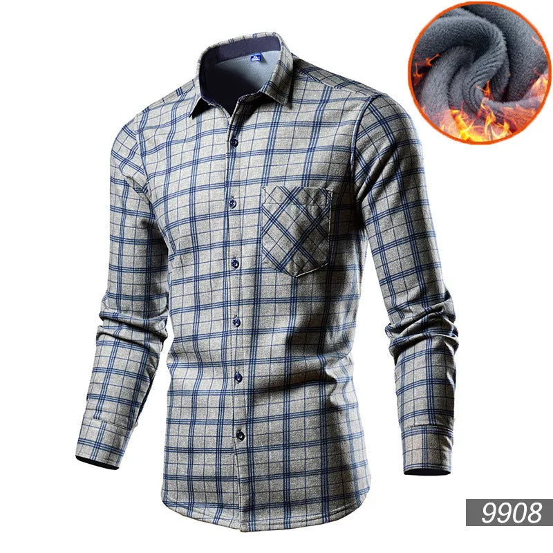 Men's long sleeve fleece-lined cotton blend cardigan shirt in a solid colour.