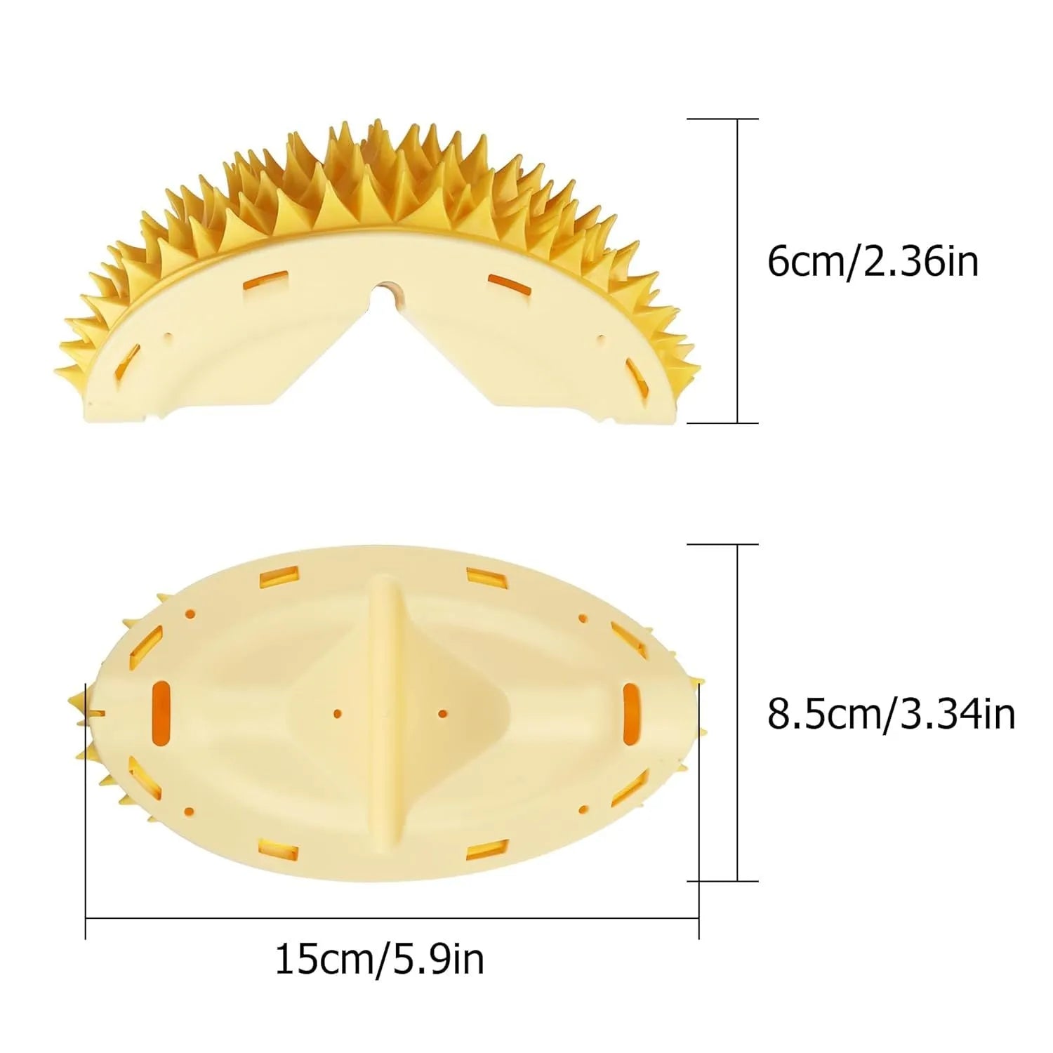 Yellow durian-shaped cat corner scratcher and massage comb toy for indoor cats.