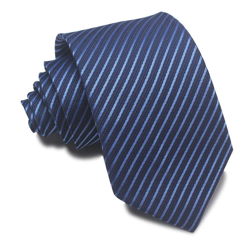 A man's striped formal tie in an arrow style, showing the jacquard texture and width of 7-8 cm.