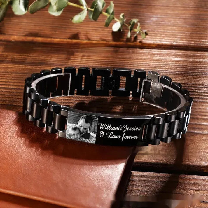Titanium steel bracelet with curved heart piece featuring electroplated lettering in gift box