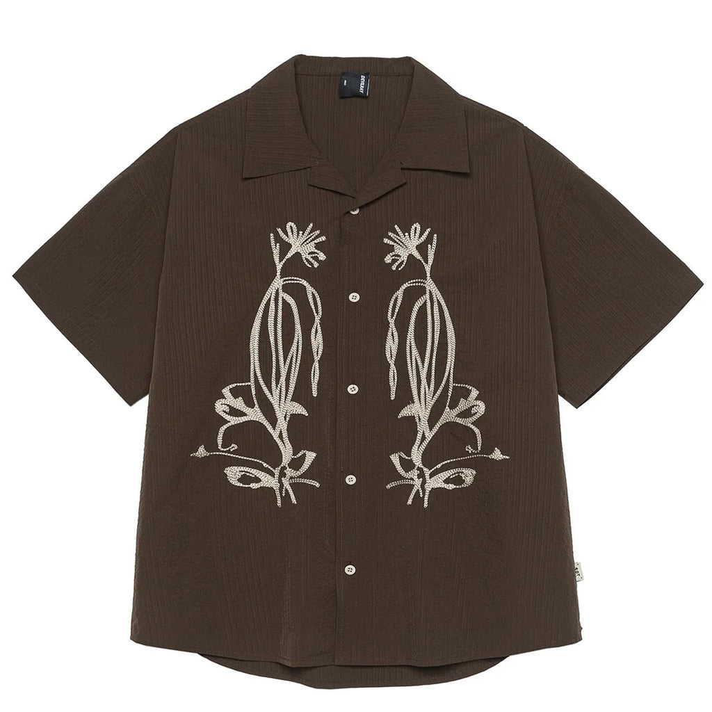 Brown coffee colour striped Cuban collar short sleeve outdoor waterproof shirt