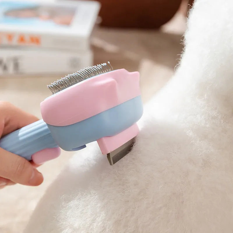 Blue and green double-sided pet grooming brush showing deshedding rake and dematting comb