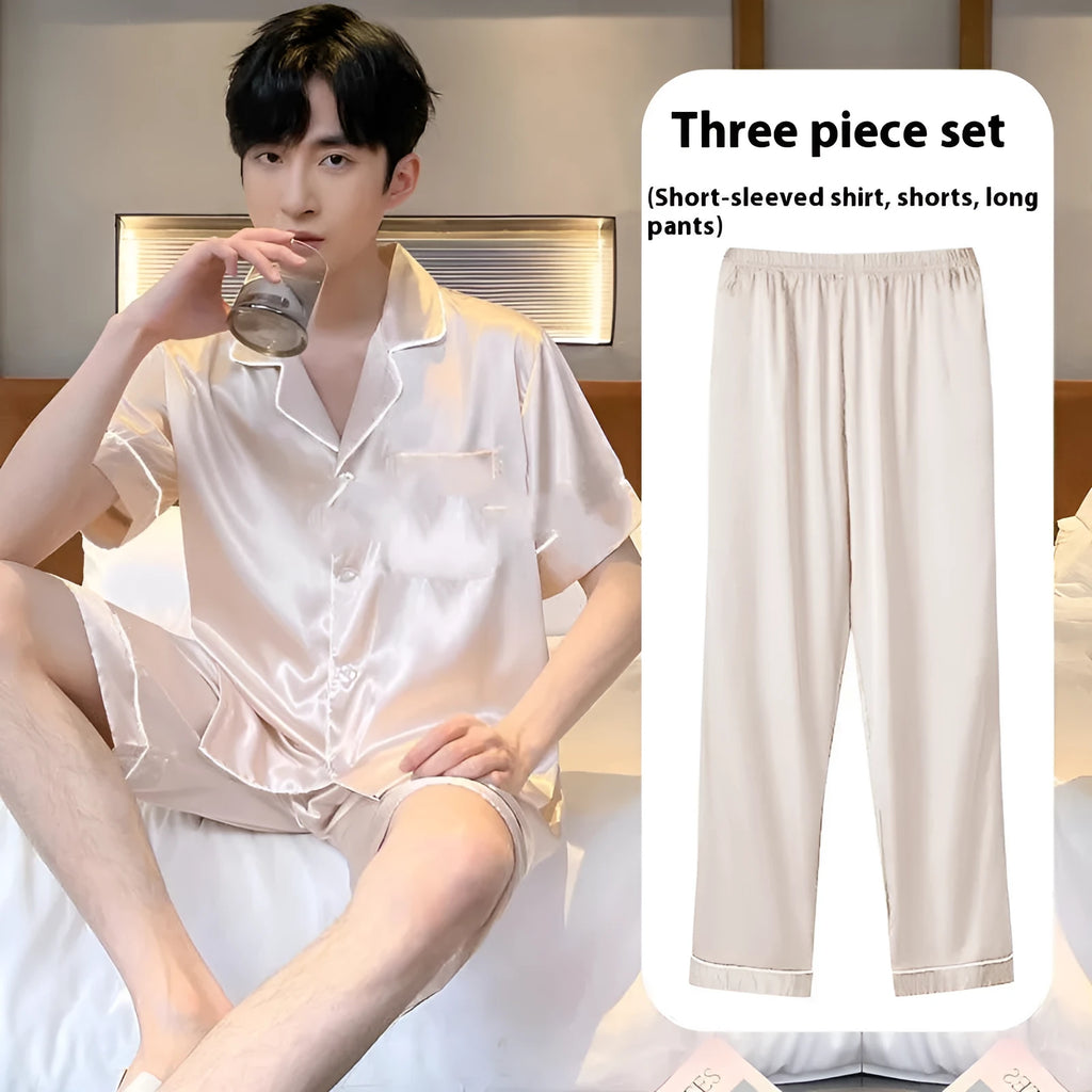Men's ice silk three-piece home wear set in thin fabric showing top, shorts, and trousers.