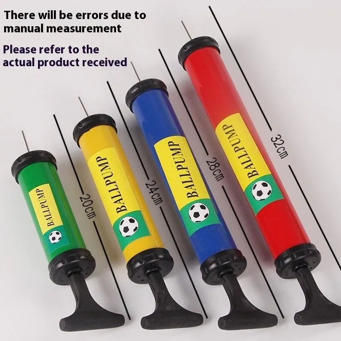A manual plastic pump for inflating balloons and sports balls, shown in mixed colours.