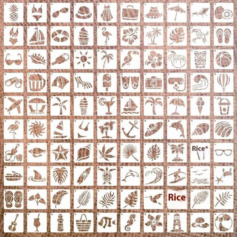 700 piece hollow spray painting stencil set showing animals, ocean, Hawaii, letter, and floral designs on milky white PET film