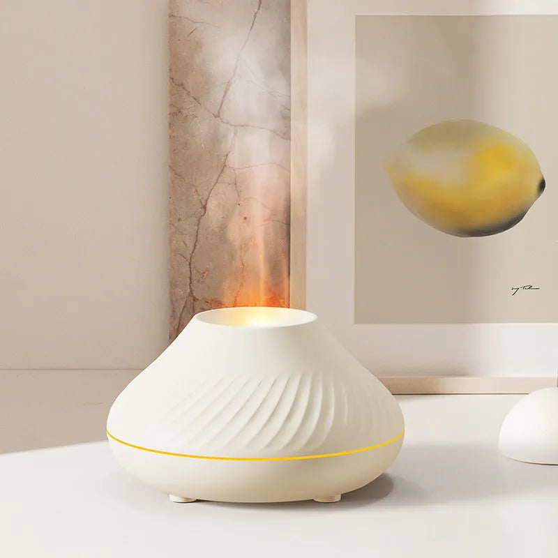 RGB flame aroma diffuser 130ml 3D colourful fire volcano effect night light black white, with Type-C cable