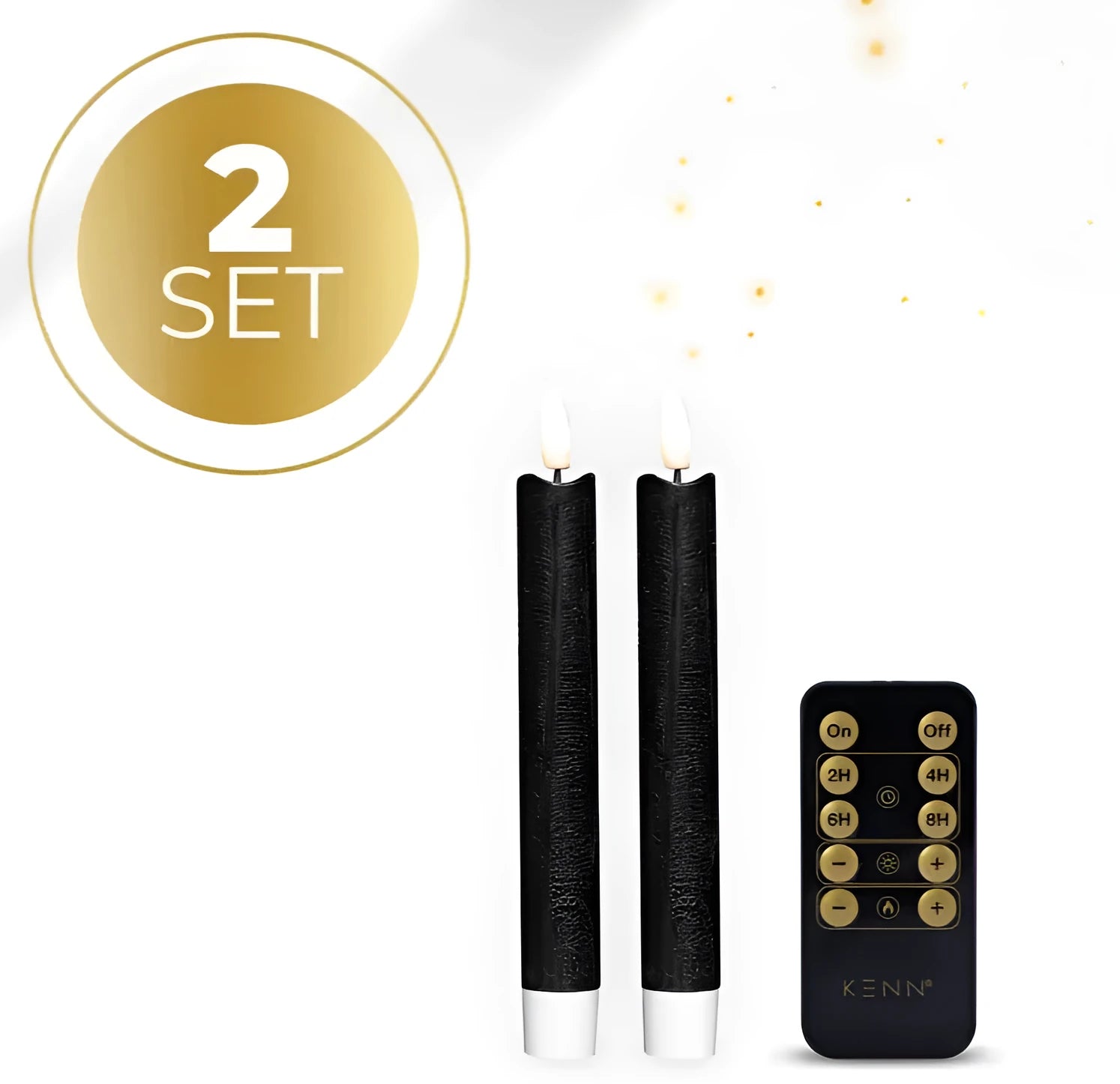 Set of four black plastic LED taper candles with realistic orange flickering flame effect