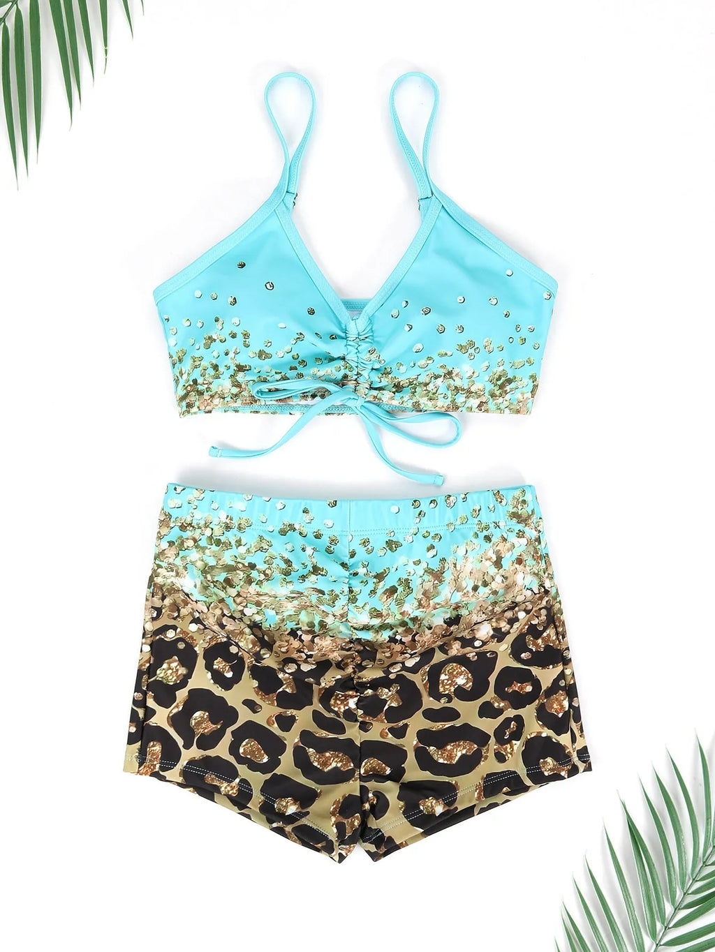 Women's casual split print swimsuit set in polyester high waist sleeveless two piece lake blue