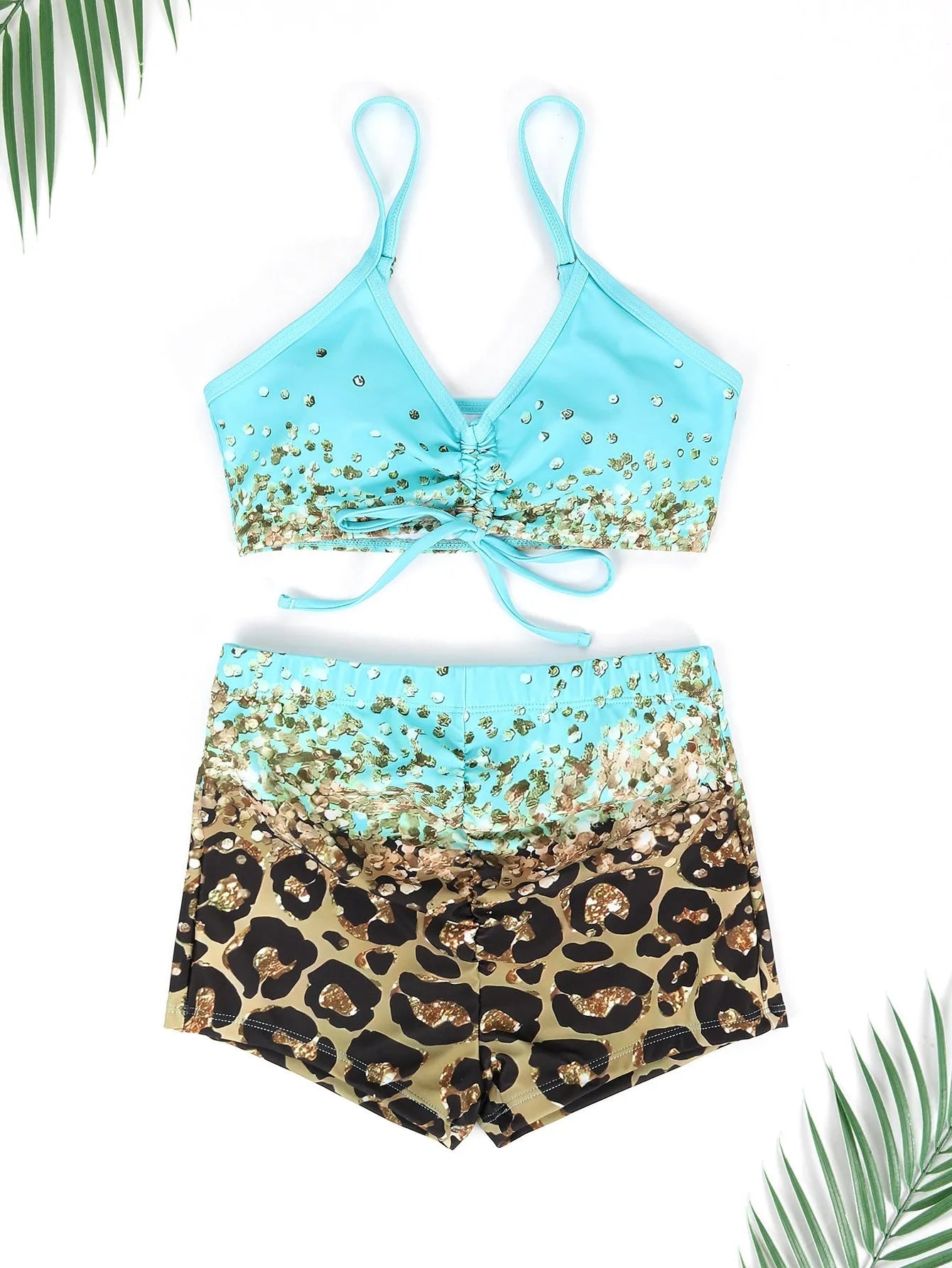 Women's casual split print swimsuit set in polyester high waist sleeveless two piece lake blue