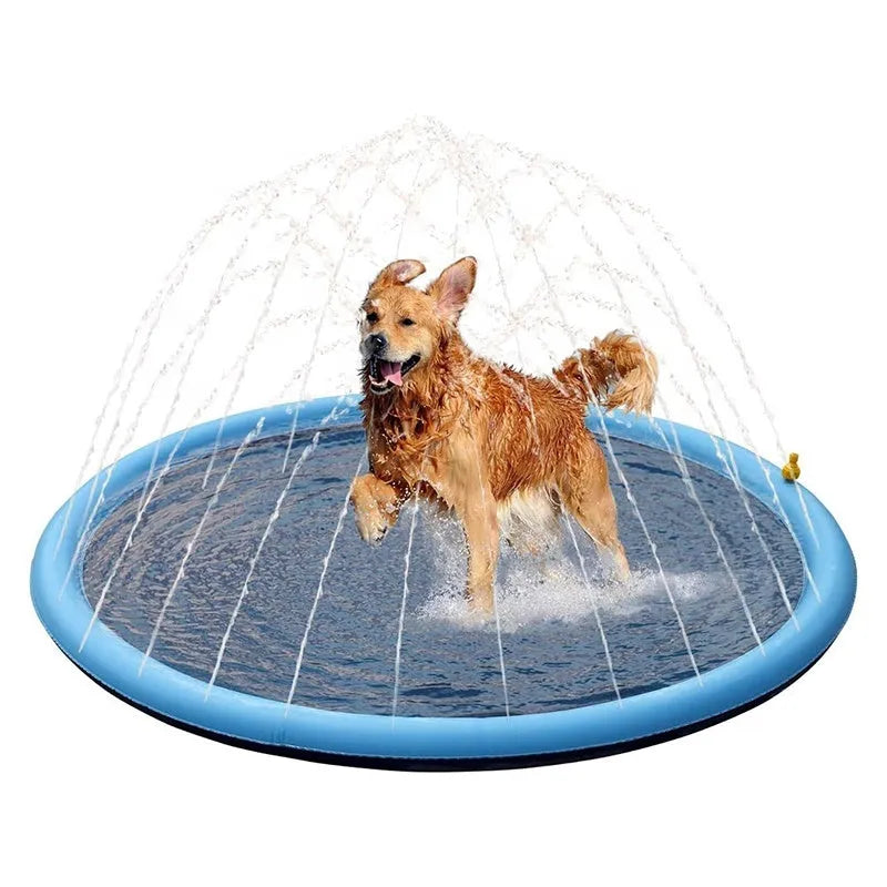 Inflatable blue dog splash pool mat with anti-slip texture, shown in a garden with a dog playing