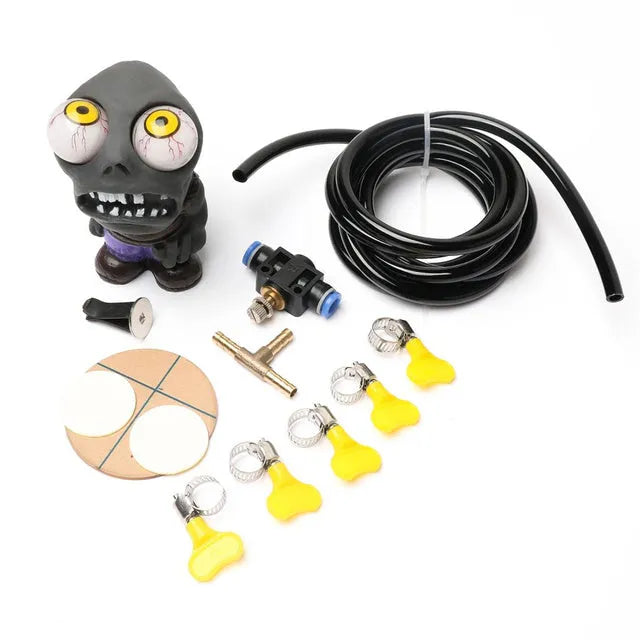 Turbo car decompress ornament doll kit with pressure valve, copper tube, and clips on a white background.