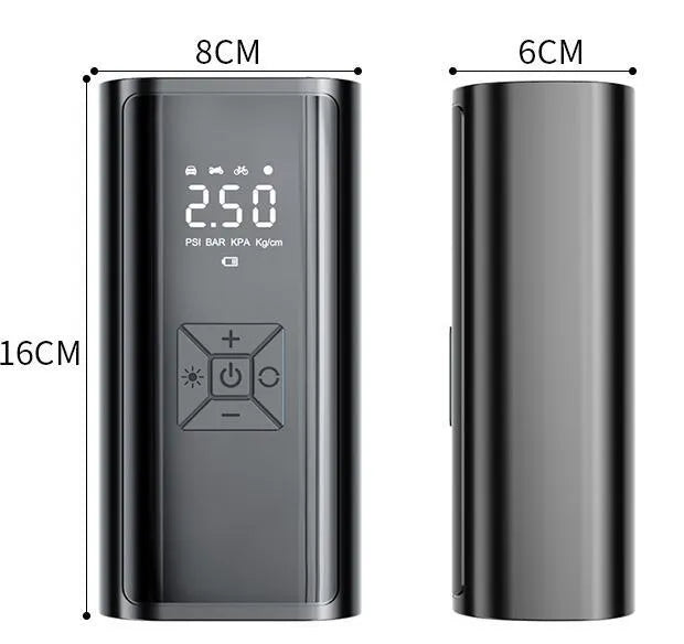 Portable wireless digital car tyre pump with display showing pressure reading