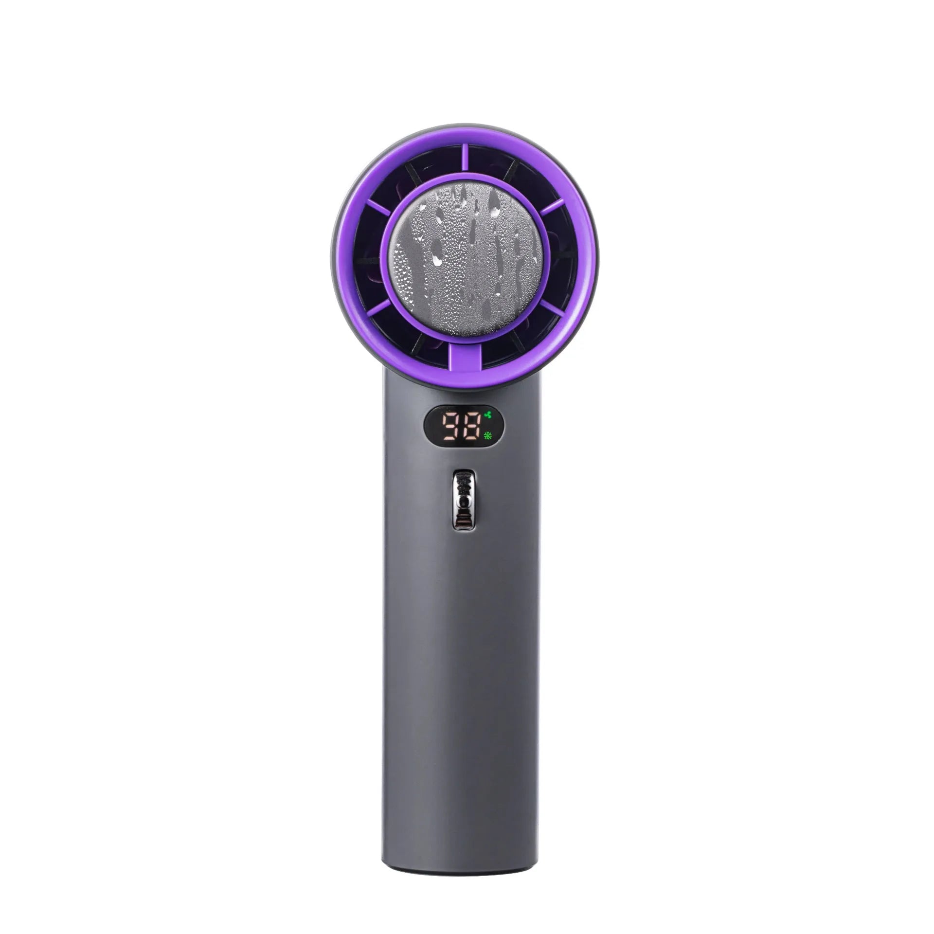 White portable handheld turbo fan with cooling function and display, shown on a table.