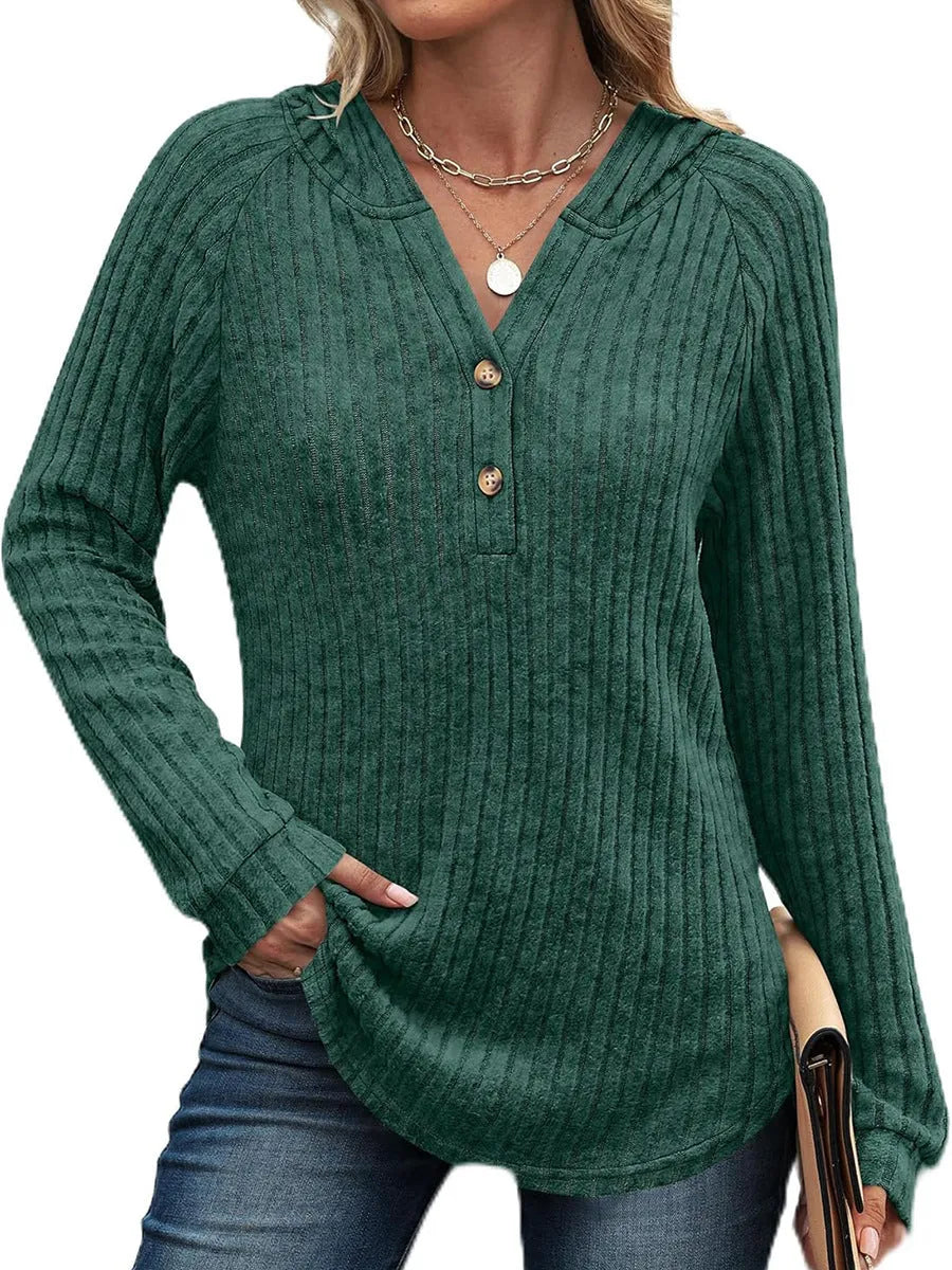 Solid colour v-neck button loose hooded fleece knitted top in polyester, available in multiple colours