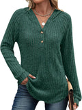 Solid colour v-neck button loose hooded fleece knitted top in polyester, available in multiple colours