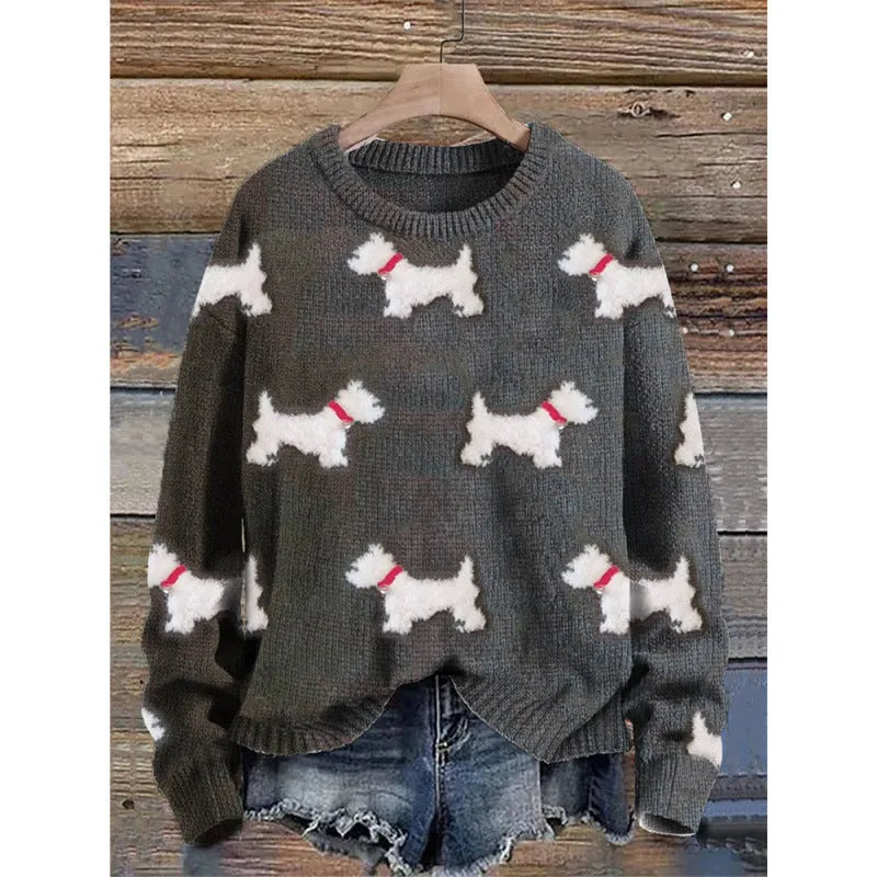 Women's little flower digital printed round neck long sleeve knitted sweater on a hanger.