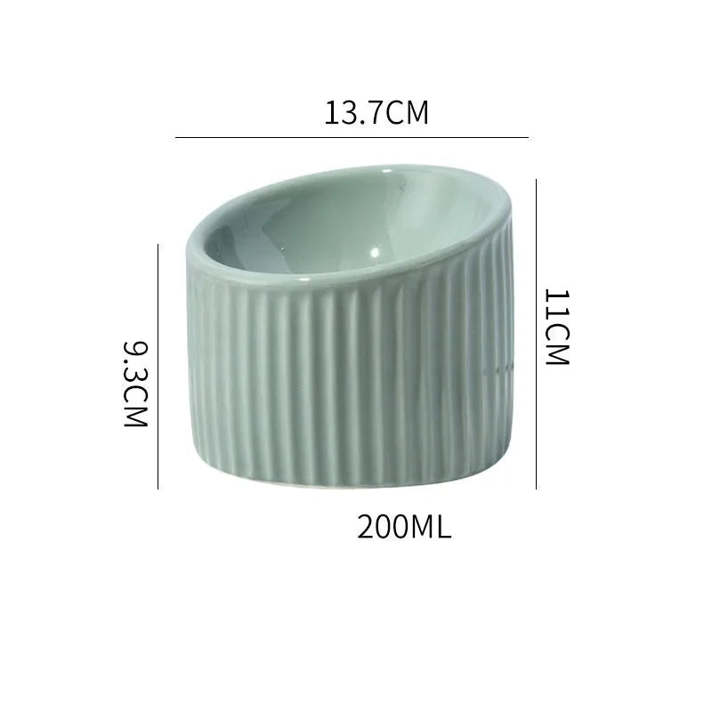 Elevated ceramic cat bowl in light green, showing tilted design and round whisker-friendly shape