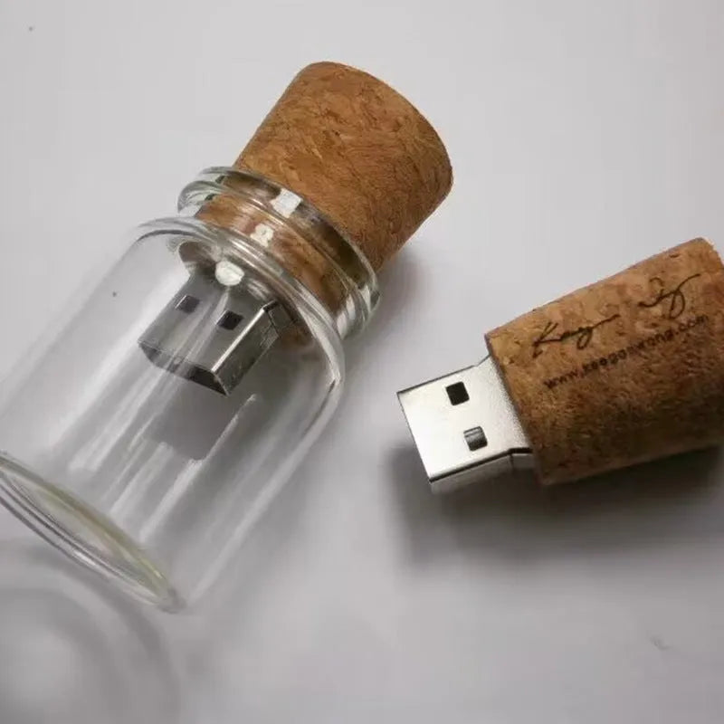 Wooden wish bottle USB flash drive with transparent window showing internal components
