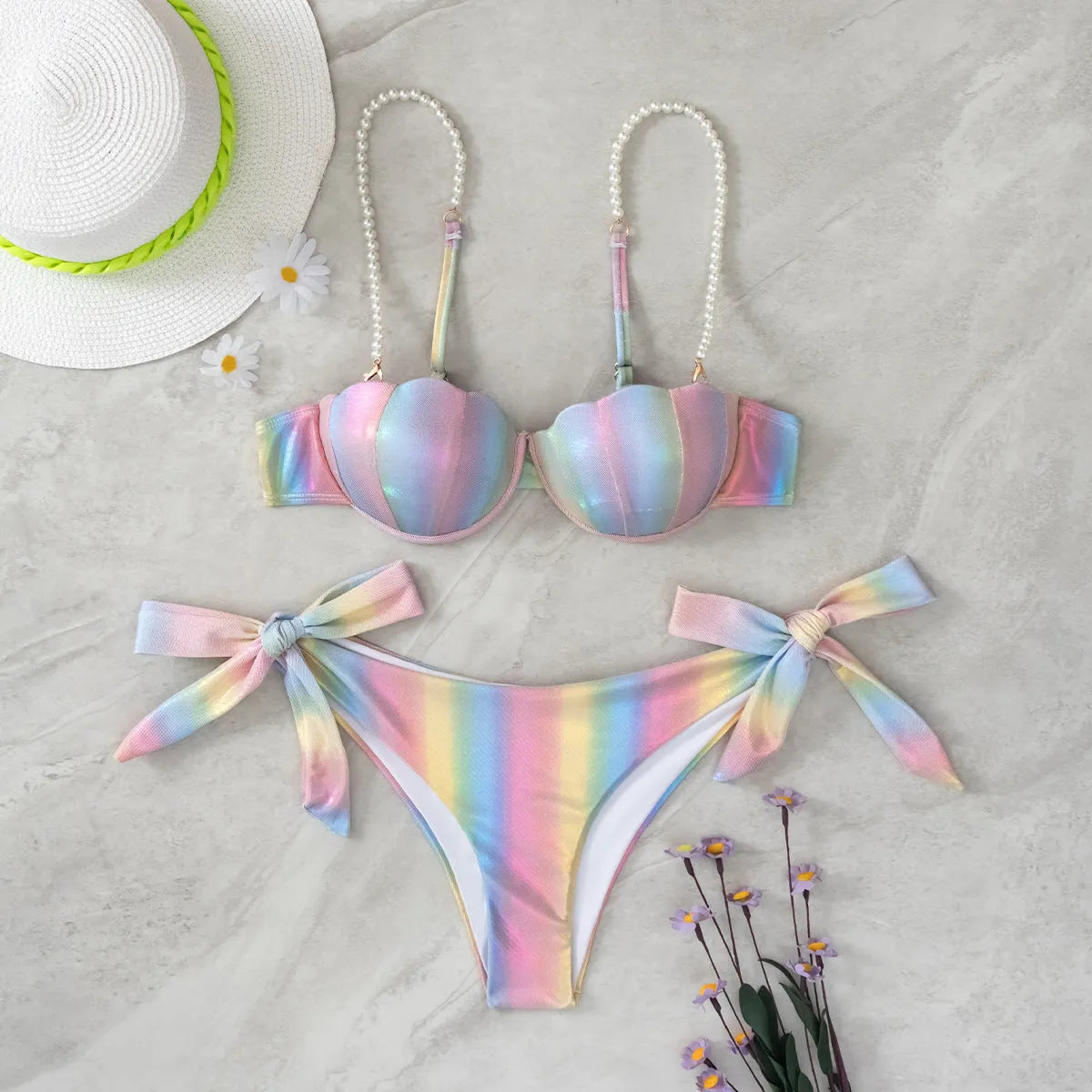 Women's rainbow shell coloured split bikini with tied design for swimming sports