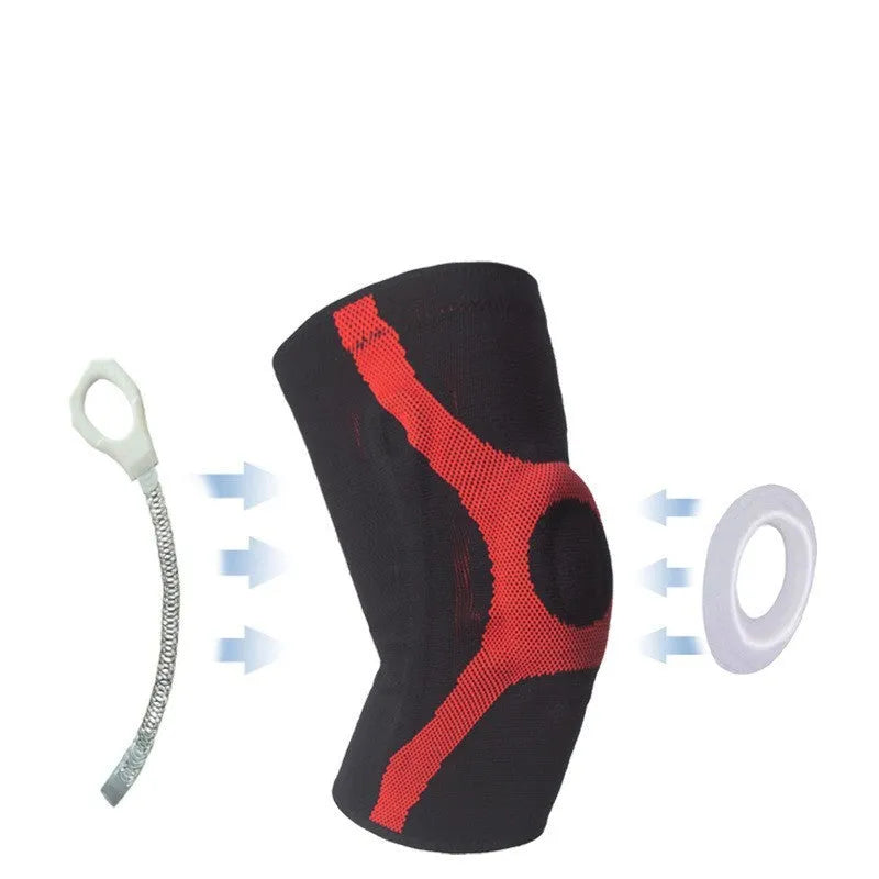 Red and grey knitted sports knee pads with silicone non-slip grip for running and climbing.