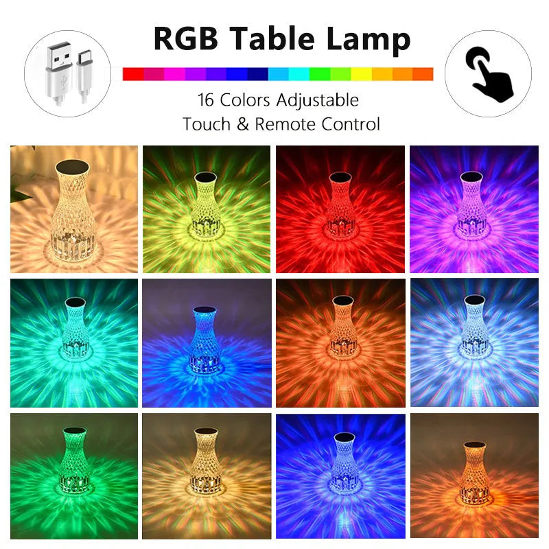 Vase-shaped crystal table lamp with diamond-like LED lighting on wooden surface