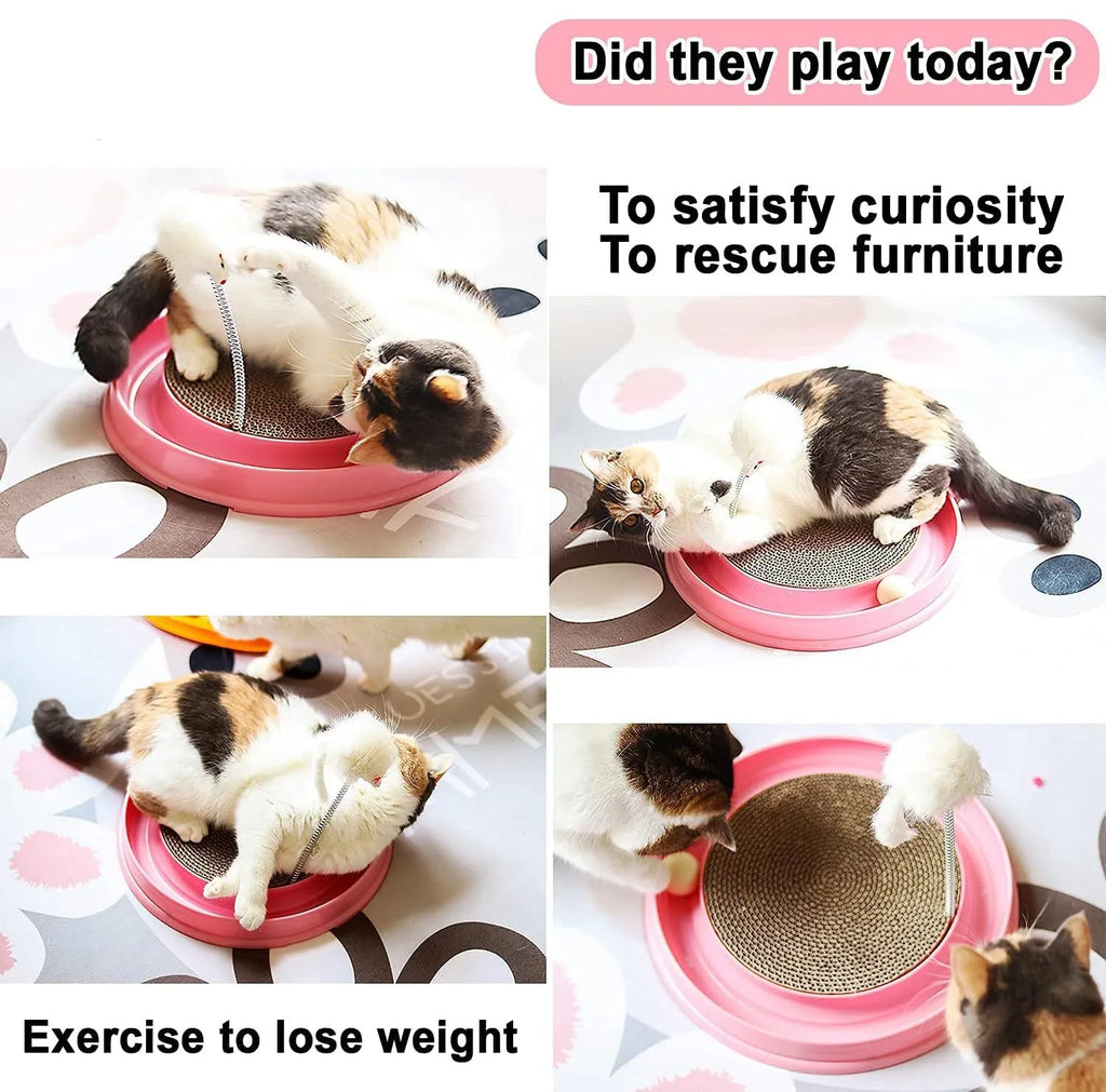 Blue interactive cat scratcher toy with ball in track and replaceable cardboard pad.
