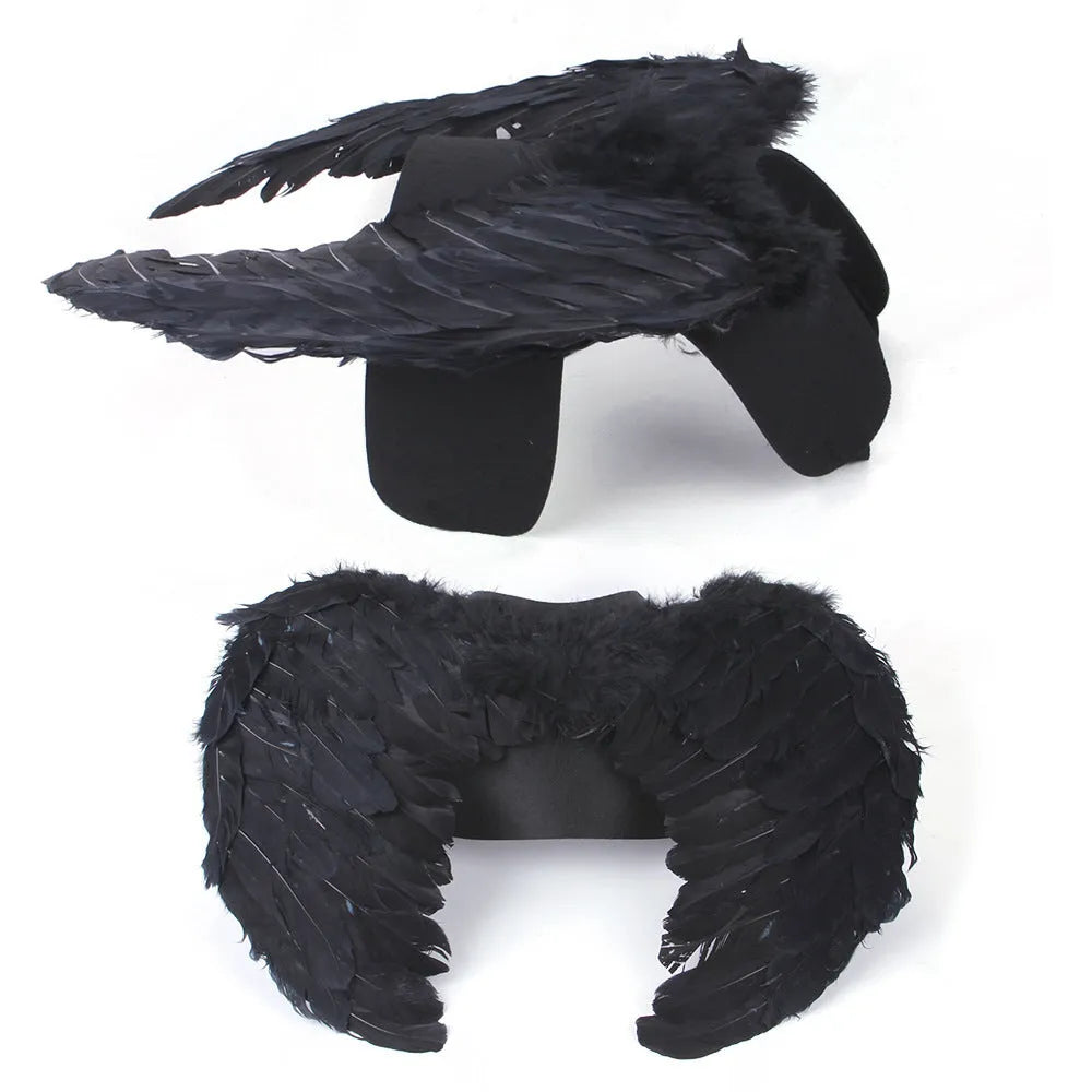 Black and white Halloween angel wings costume for dogs on chest and back.