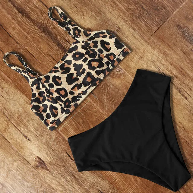Women's high waist push-up bikini set with leopard print design showing bra and shorts separately