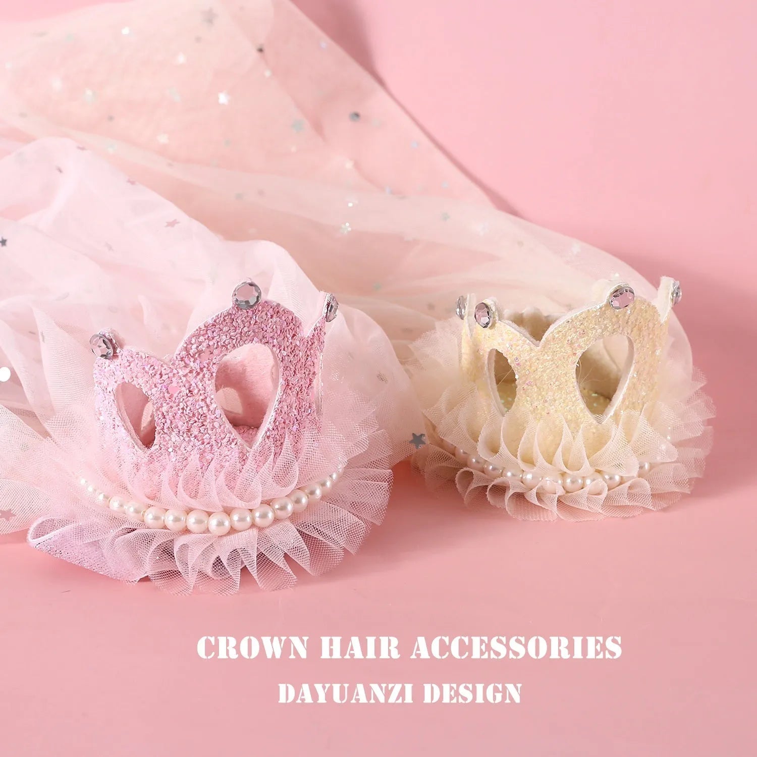 Cat wearing princess crown headdress with veil in beige and pink colour options for wedding or party costume