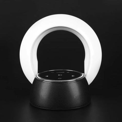 Blue Bluetooth desk lamp speaker with touch controls showing white, yellow and blue light options
