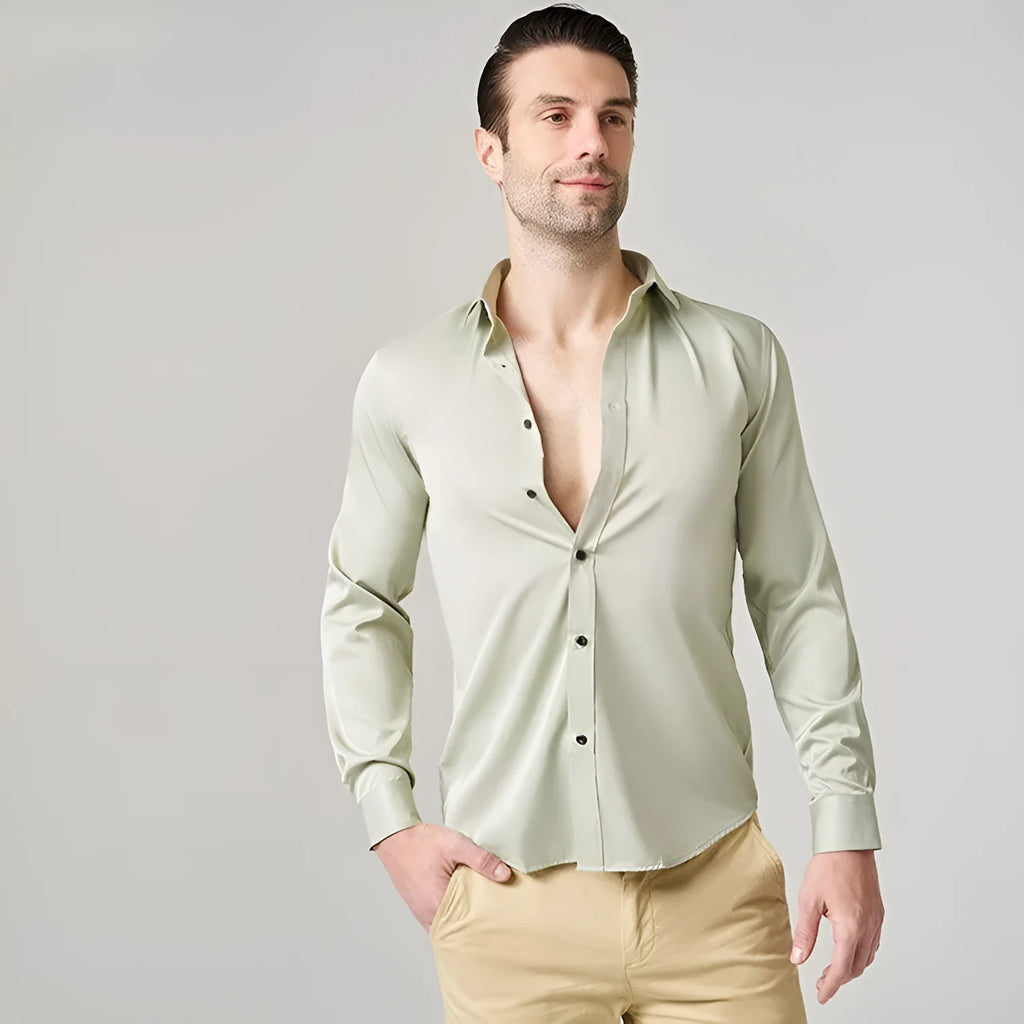 Men's stretch long sleeve work shirt in polyester fabric, shown in a light colour on a hanger.