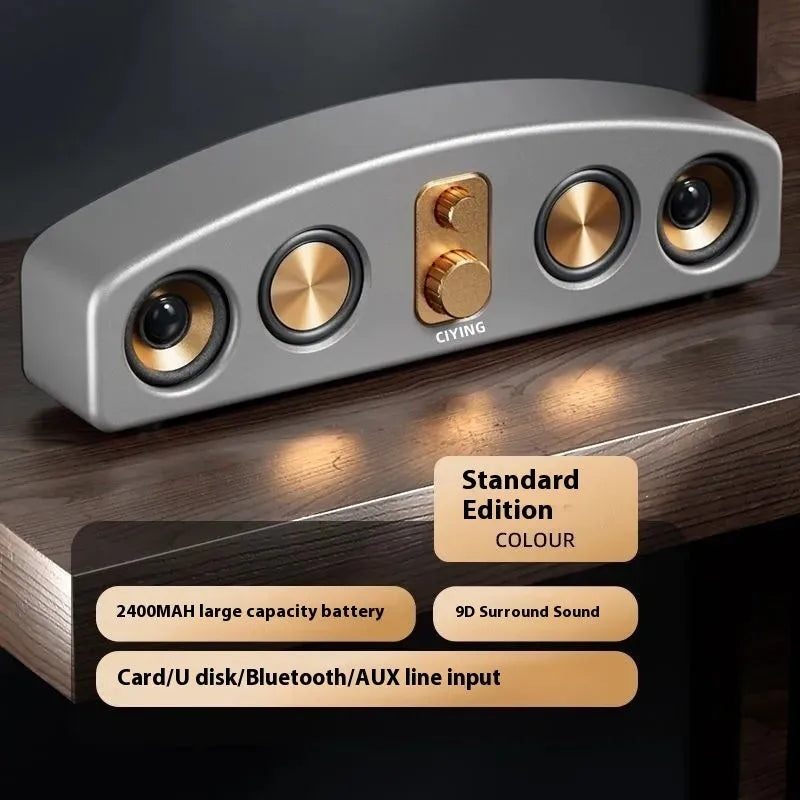 Retro portable Bluetooth speaker with wood grain finish and USB cable for outdoor use