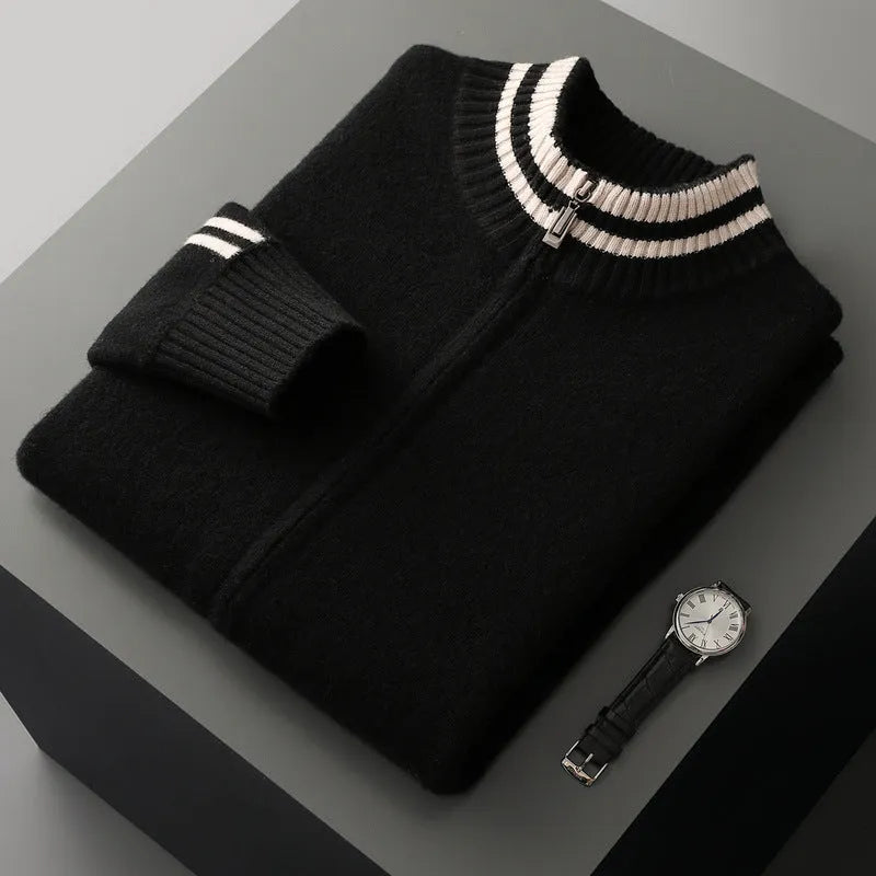 Men's half-high collar striped knitted cardigan sweater in white, front view showing slim fit and all-matching pattern