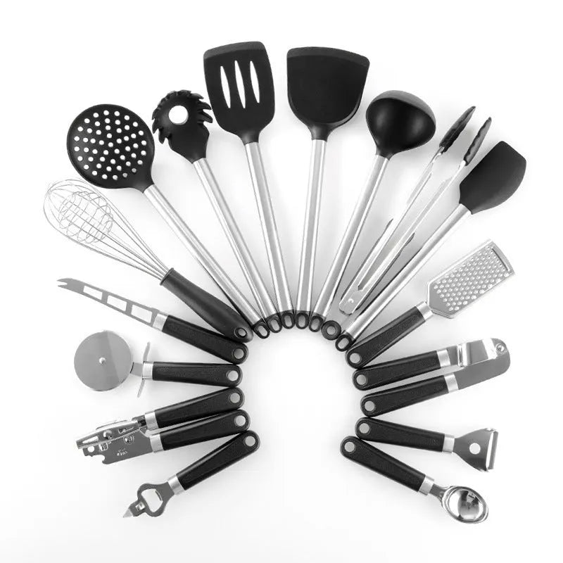 Black kitchen spatula and spoon set with stainless steel handles and silicone heads