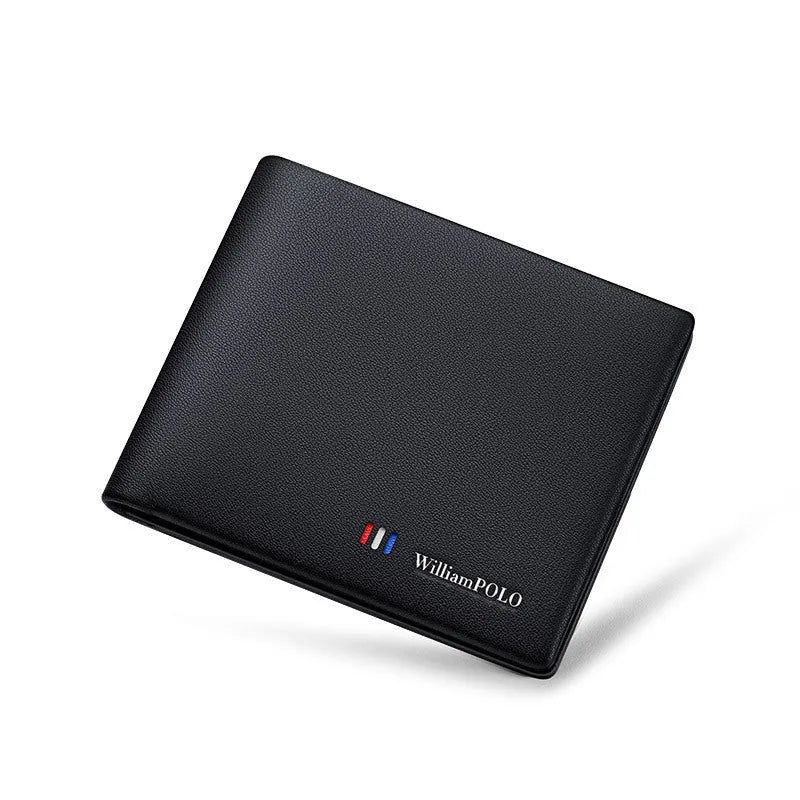 Men's slim leather wallet showing anti-theft card slot and letter pattern detail