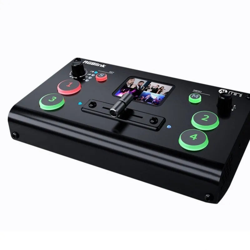 RGBLINK 4-way HDMI video production switcher unit with built-in screen and T-Bar switch.
