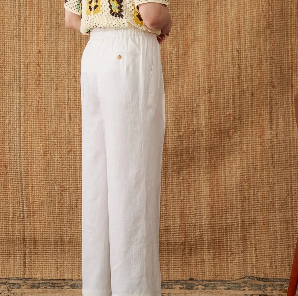 Linen straight-leg trousers with elasticated high waist in three colour options