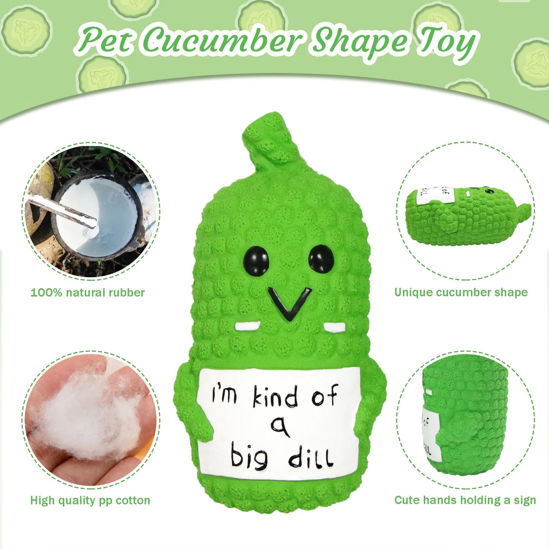 Green latex pickle-shaped dog squeaky toy with bumpy texture.
