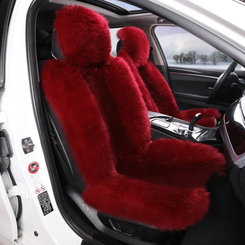 Purple plush car seat cushion set for driver and passenger seats with thickened winter padding