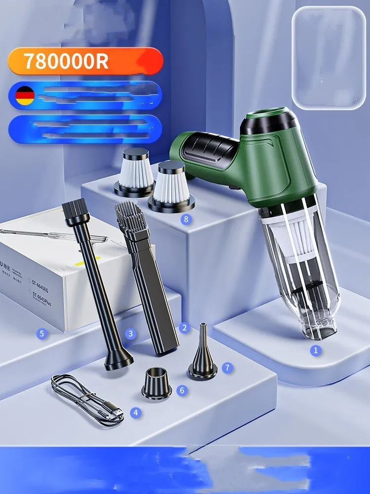Handheld cordless car vacuum cleaner with nozzle and high-power 120W motor for vehicle interiors.