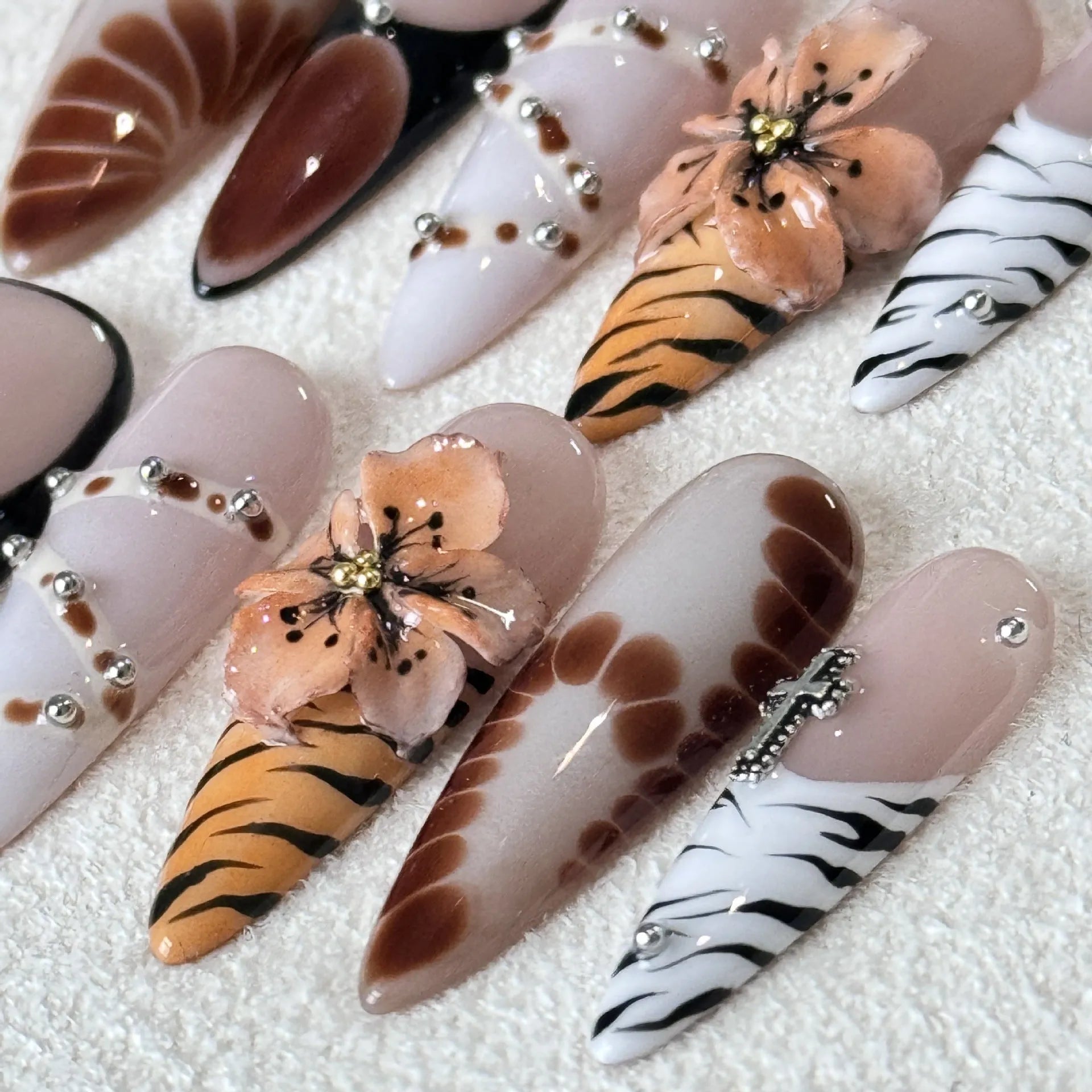 French style leopard print nail stickers with cross and floral patterns in wear-resistant long tip design