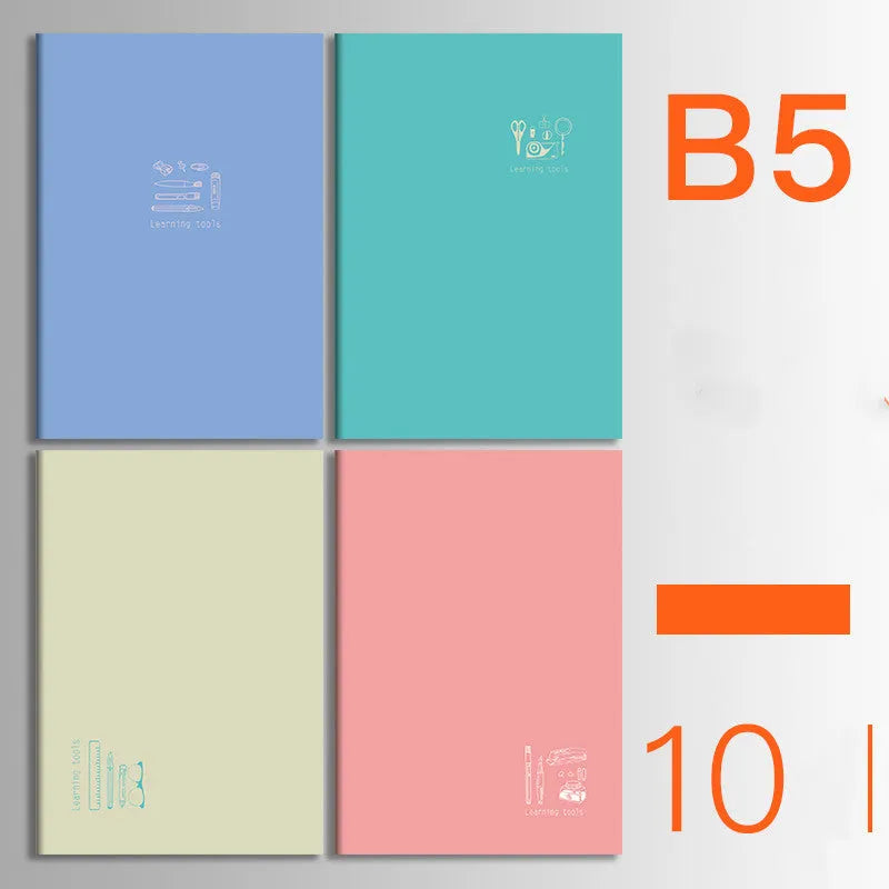 10-pack of kraft paper notebooks with thread binding in A5 and B5 sizes with various cover designs