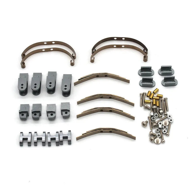 Military RC car metal alloy accessories including front bar, axles, motor box and black tyres