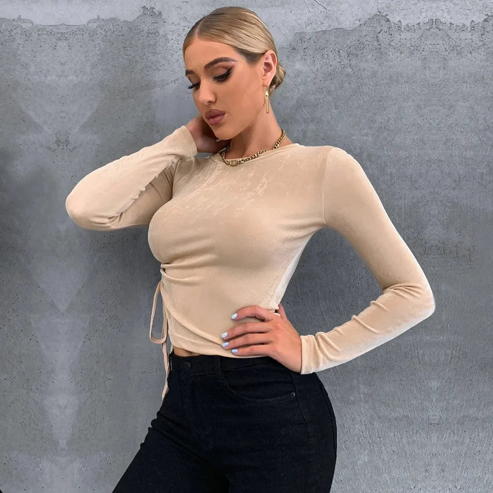 Khaki slim-fit round-neck long-sleeve glossy knit polyester top for women
