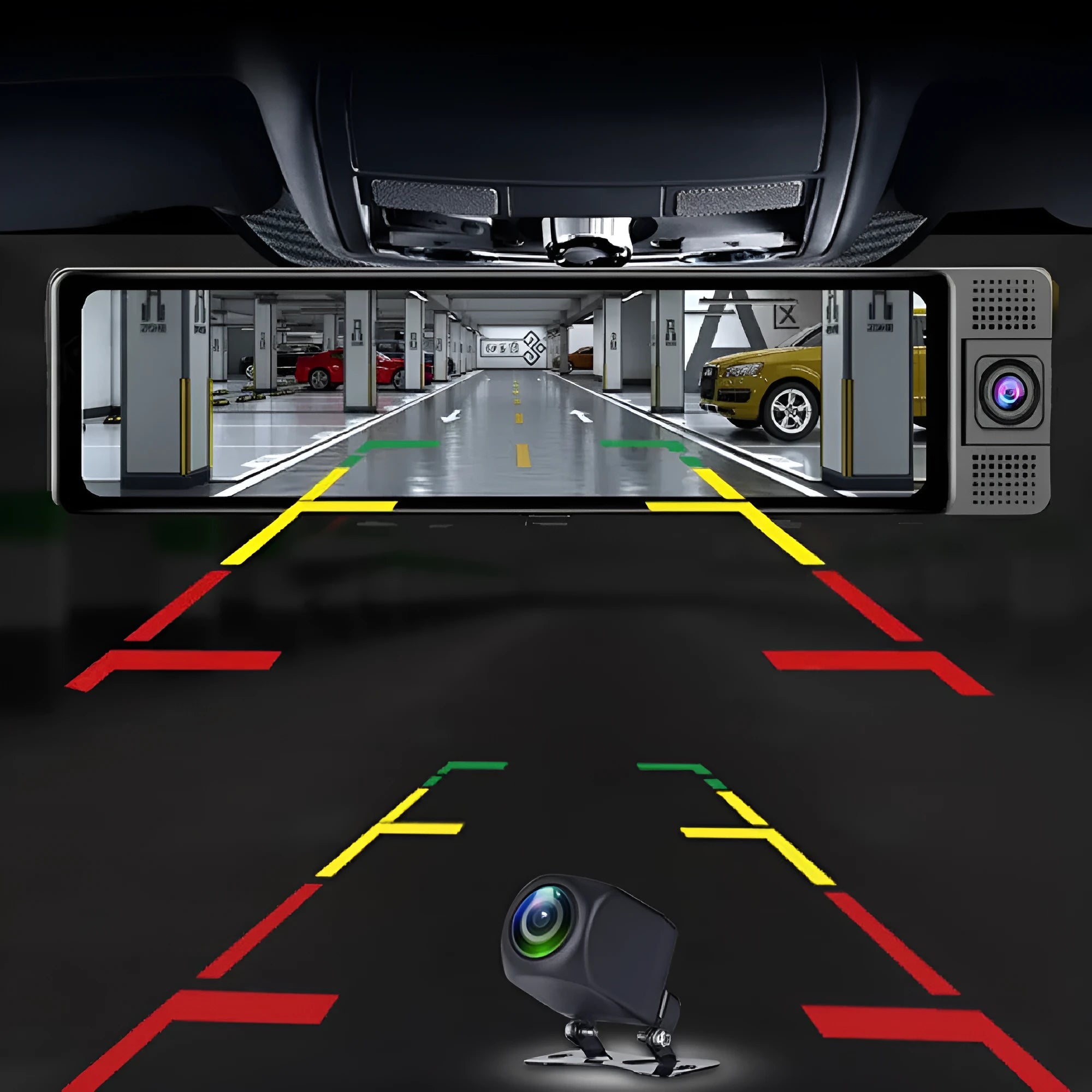 12-inch car video recorder integrated into rearview mirror with touchscreen display and rear camera