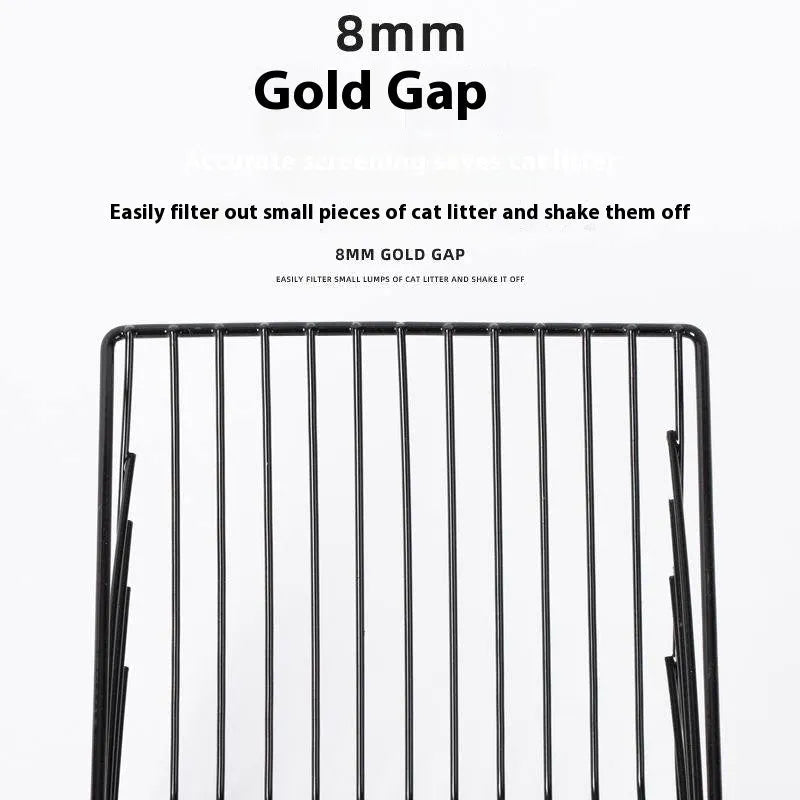 Black metal cat litter scoop with ergonomic handle and fine 0.8cm tine gaps.