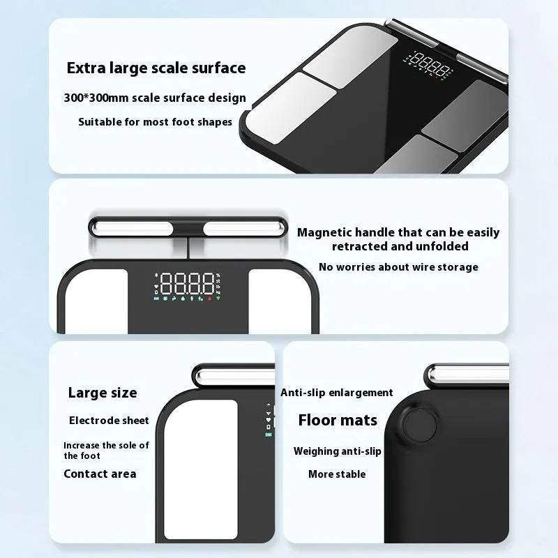 Black electronic bathroom scale with 30x30cm tempered glass platform and colour screen display