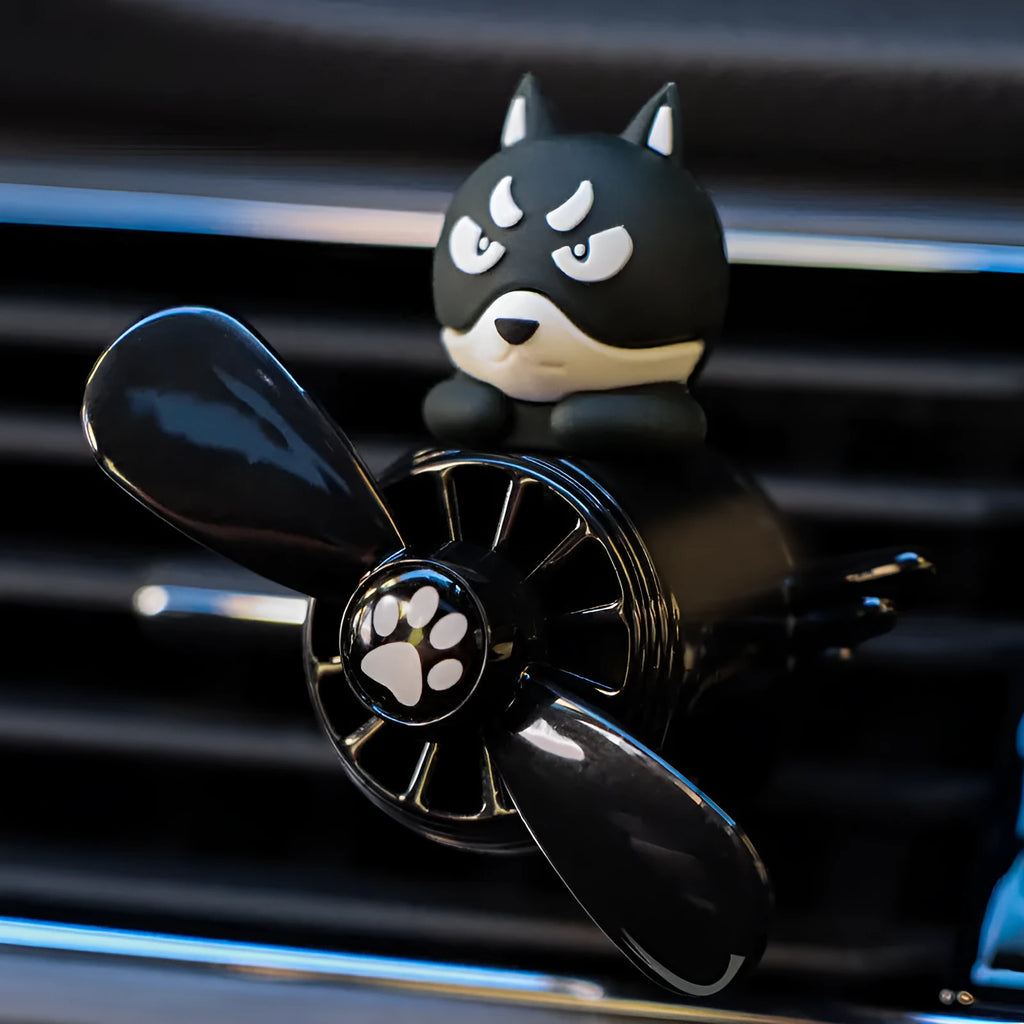 Black Husky car air vent aromatherapy ornament with clip, showing dimensions